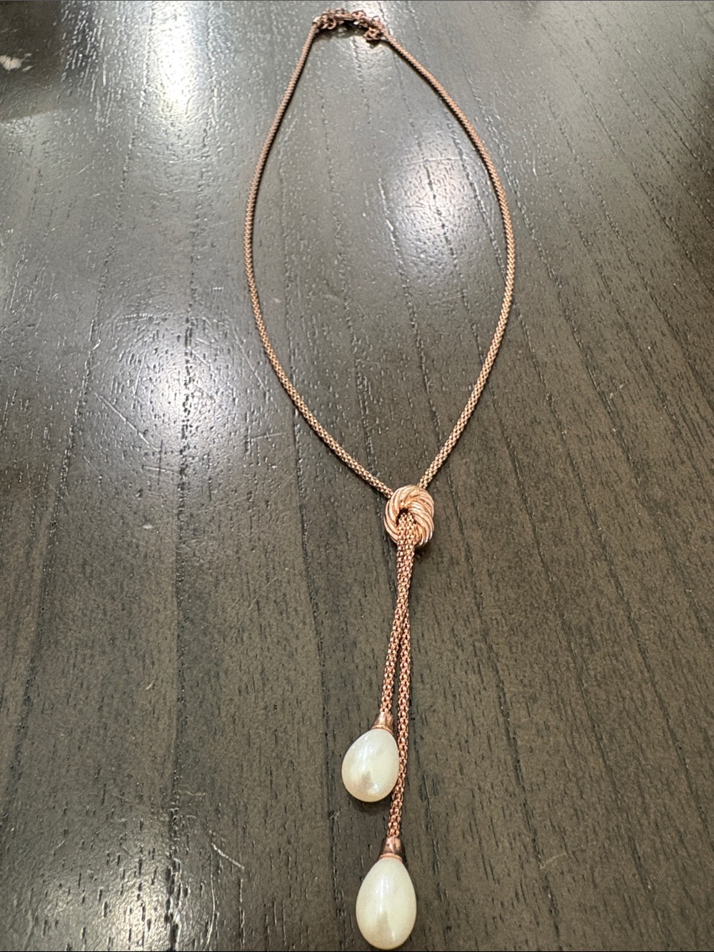 Sterling Silver Knot Lariat Necklace with Pearlescent Drops